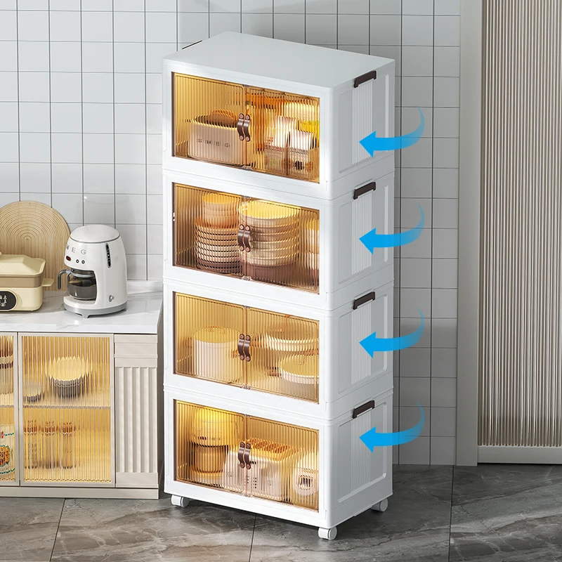 Plastic Foldable Wardrobe Storage Cabinet Clothing Toys Storage Boxes Bins Rolling Wheels Clear Kitchen Storage Cart