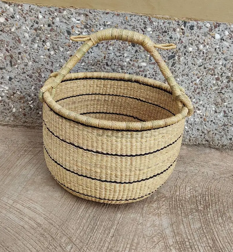 African Bolga Woven Market Basket, Large Storage Basket, Straw Bag