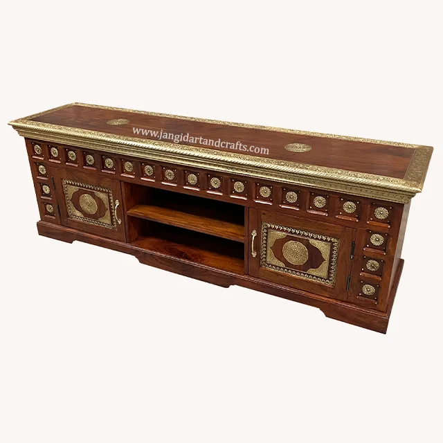Farmhouse Vintage Wooden Console Cabinet Brass Inlay Metal Wood Decoration Modern TV Unit Cabinet Living Room TV Stand Furniture