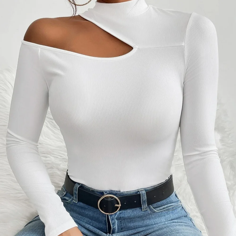 Недорогой облегающий кроп-топ с воротником-хомутом для женщин/новейший дизайн длинными рукавами белый укороченный топ вырезами спереди женщин