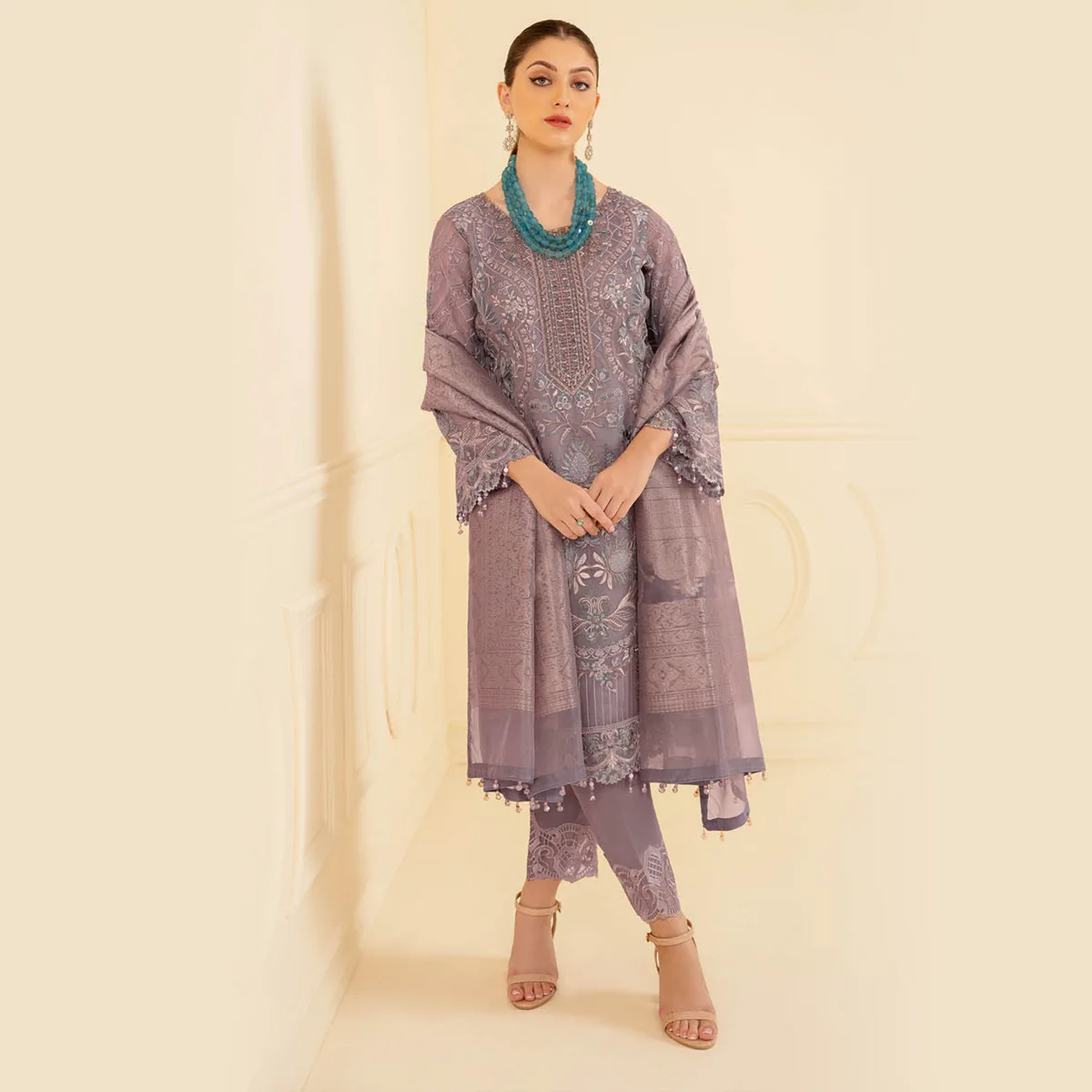 Wholesale Indian Pakistani wedding dresses online In Grey Color Over Heavy Embroidery In Front and Dupatta in Chiffon Fabric