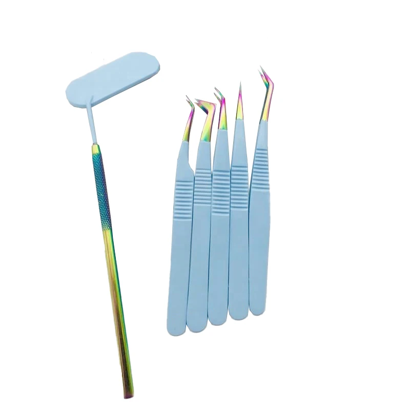 2024 New Sky Blue Powder Coated With Rainbow Tip Solid Stainless Steel Private Label Eyelash Extension Tweezers Lash Mirror