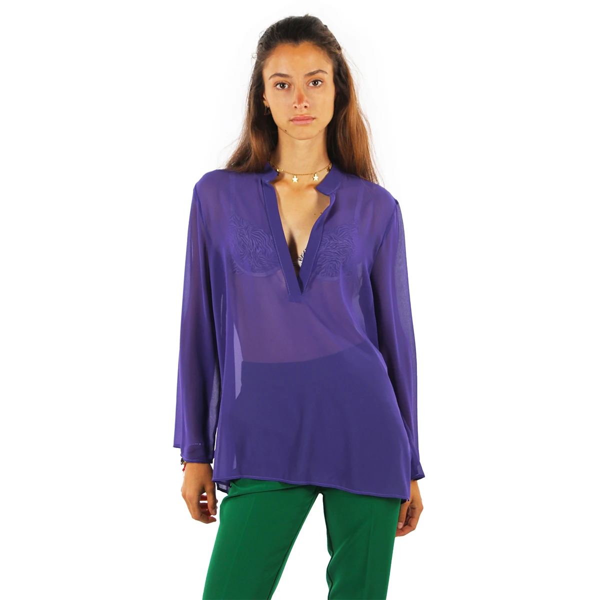 Элегантная женская блузка с воротником-стойкой и V-образным вырезом шикарная Длинная для торжественных мероприятий коктейли