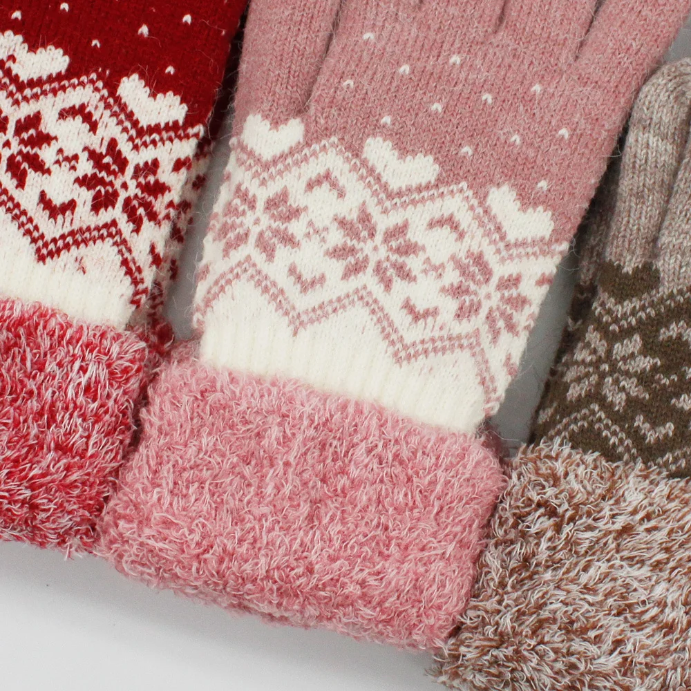 Snowflake Knitted Reverse Folded Cuffs Jacquard Winter Warm Double Layer Gloves