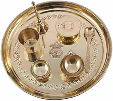 Brass puja plate gold plated puja gift set Plate aarti thali Golden Brass Pooja Article for Diwali Home Decor Temple Office 6-in
