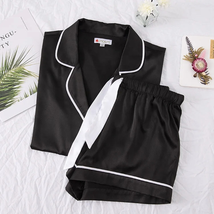 Custom Summer Silk Pajamas Womens Short Sleeve Sleepwear Soft Satin Button Down Loungewear 2 Piece Pjs Shorts Set For Women