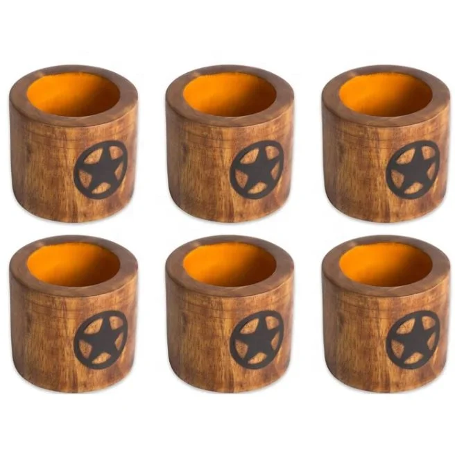A Classic Style Set Of 6 Lone Star Print Mango Wood Napkin rings For Your Tables Cape And Home Dinning Decoration
