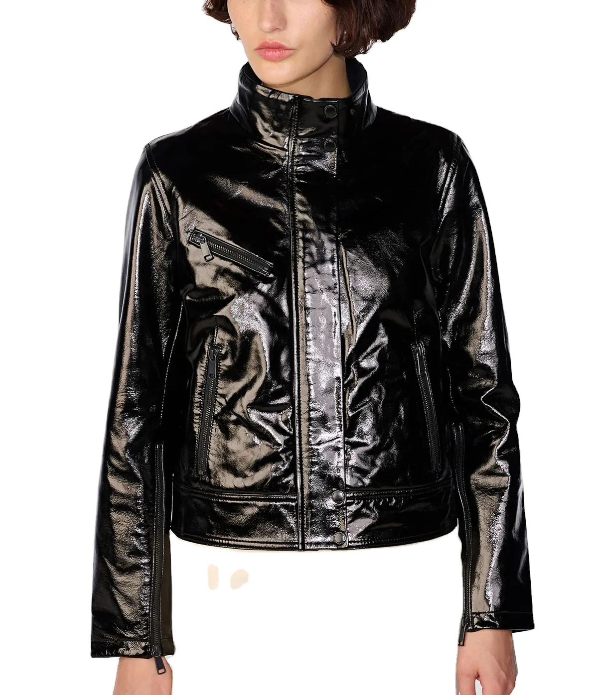 Black Shine Cropped Real Lambskin Racer Biker Style Leather Women Jacket with Stand Collar