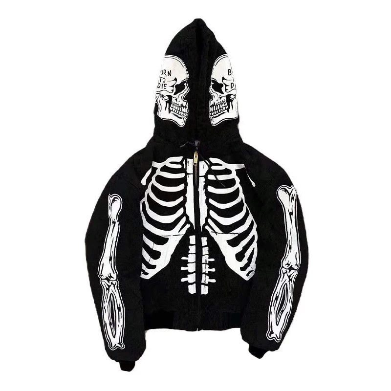 new arrival skull all over print custom designs premium zip up cotton hoodies