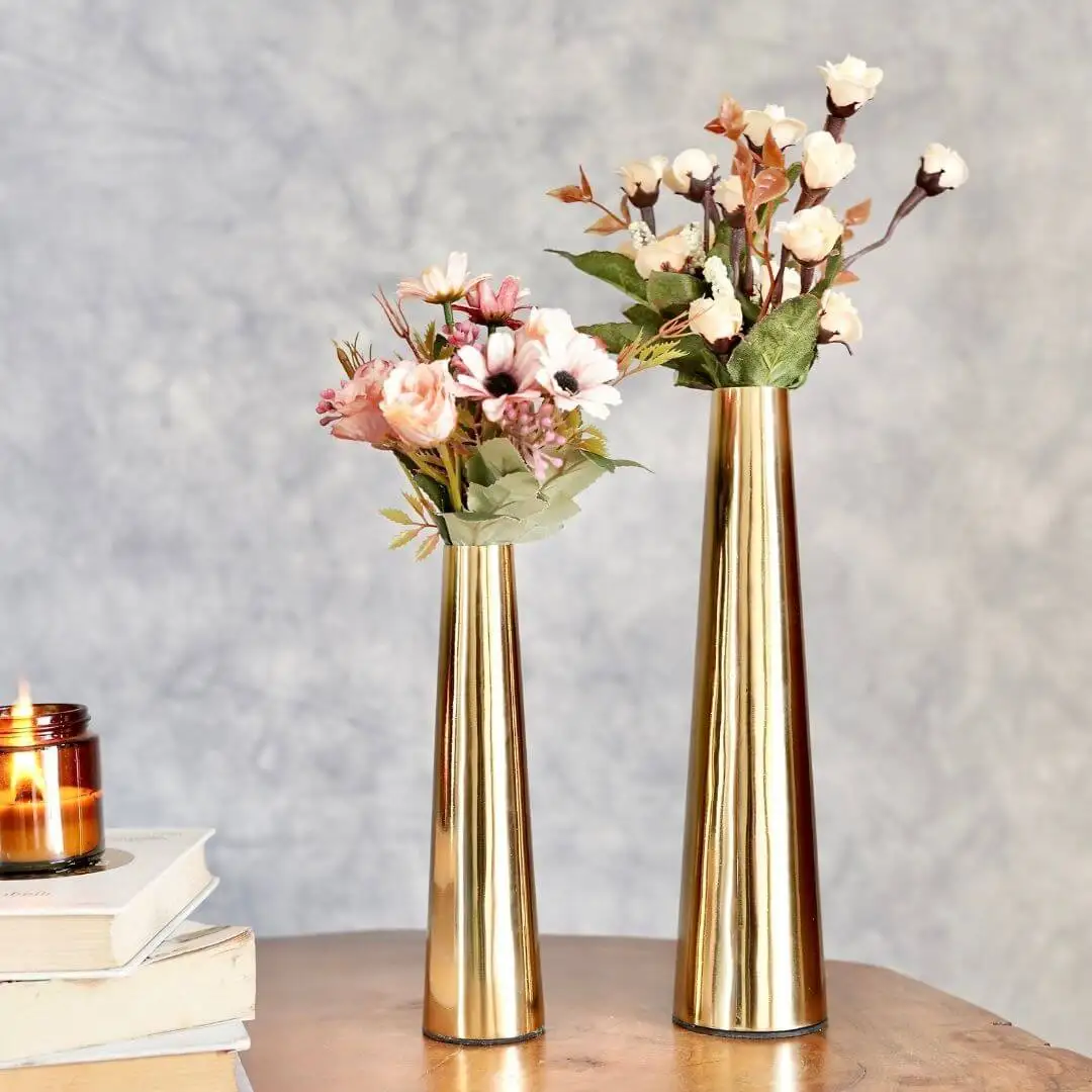 Gold Plated Shiny Flower Vases On Table Elegant Conical Designed Set of 2 By United Handicrafts