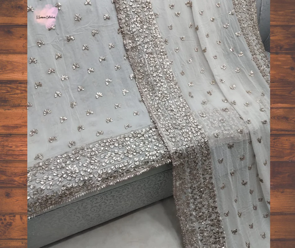 SSUMAIRA Collection Hand Made LCD Gota Work Collection Unstitched 3 Piece Suit Shirt Dupatta Stuff Pure Chiffon Dyeable Fabric