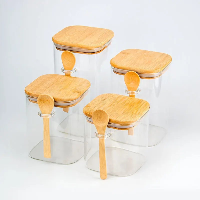 Wholesale borosilicate food storage container clear spice sugar food square glass storage jar with bamboo lid spoon