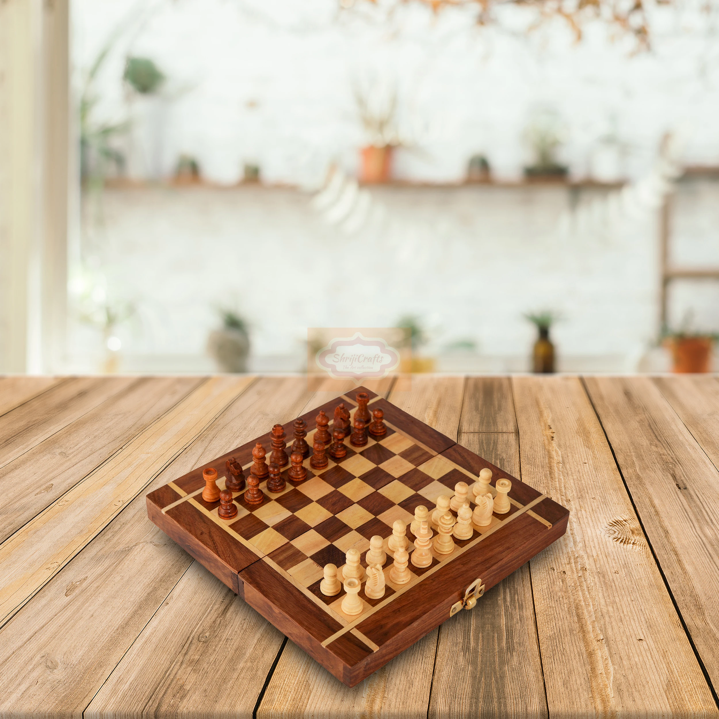 Shriji Crafts Folding Wooden Chess Board Handmade Classic Game of Brilliance Small Chess Pieces Wooden Chessmen Set Size 10 Inch