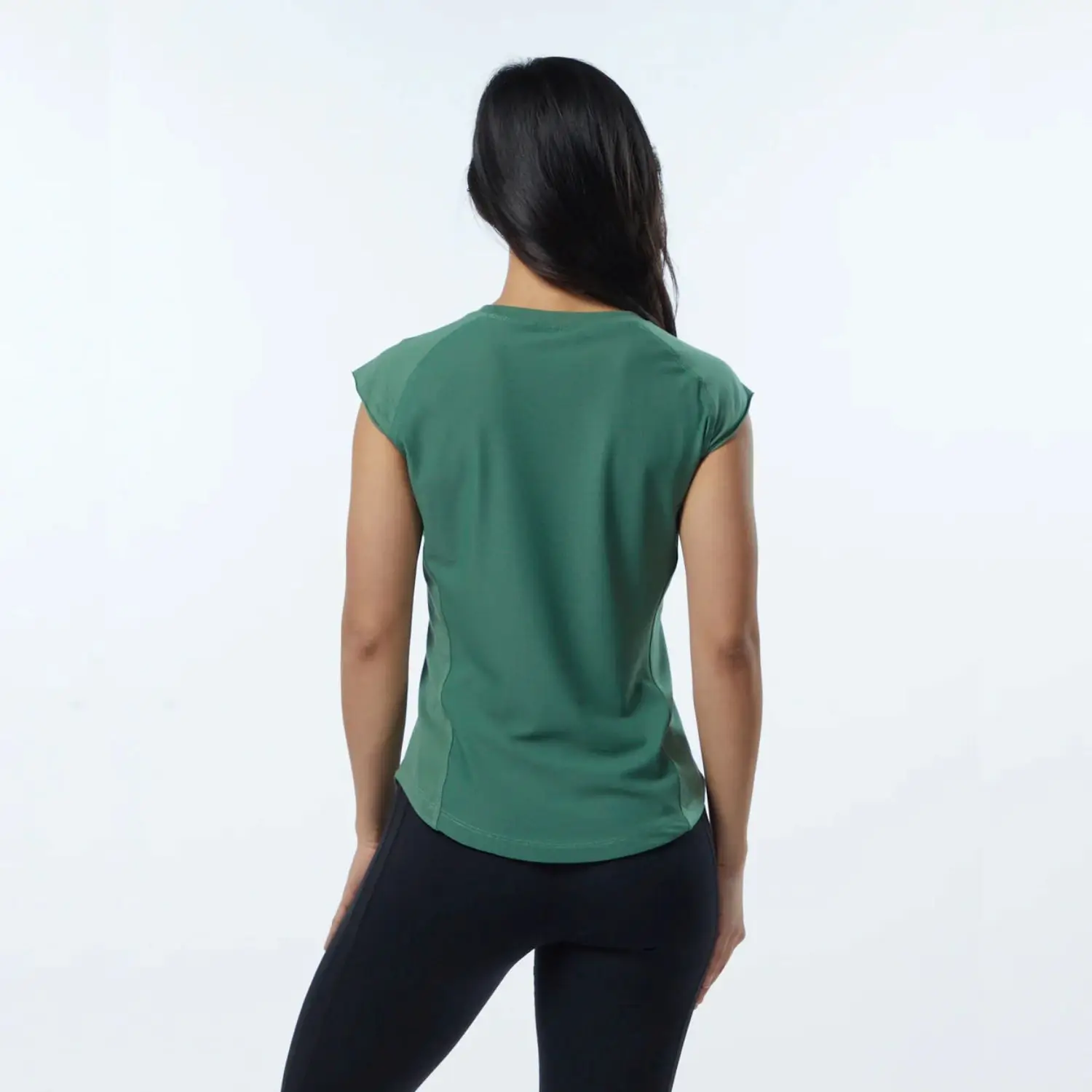 Performance Fit 95% Cotton 5% Spandex Fitted Cap Sleeves Raglan Shaped Crew Neckline Women Luxury Green T-Shirt with Scoop Hem