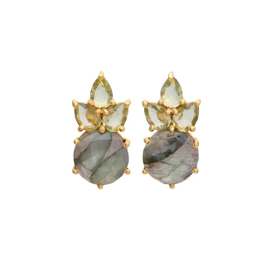 NEW ARRIVAL LABRADORITE AND GREEN AMETHYST HYDRO GEMSTONE BRASS EARRING 12/7*5 MM PEAR AND ROUND SHAPE GEMS TONE BRASS EARRING