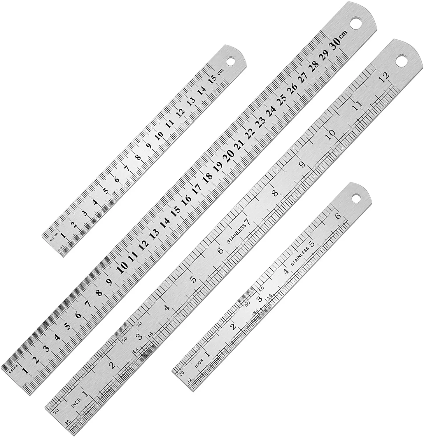 Steel Rulers made of steel having a double scale with one edge divided in inches and tenths and the other in cm and mm