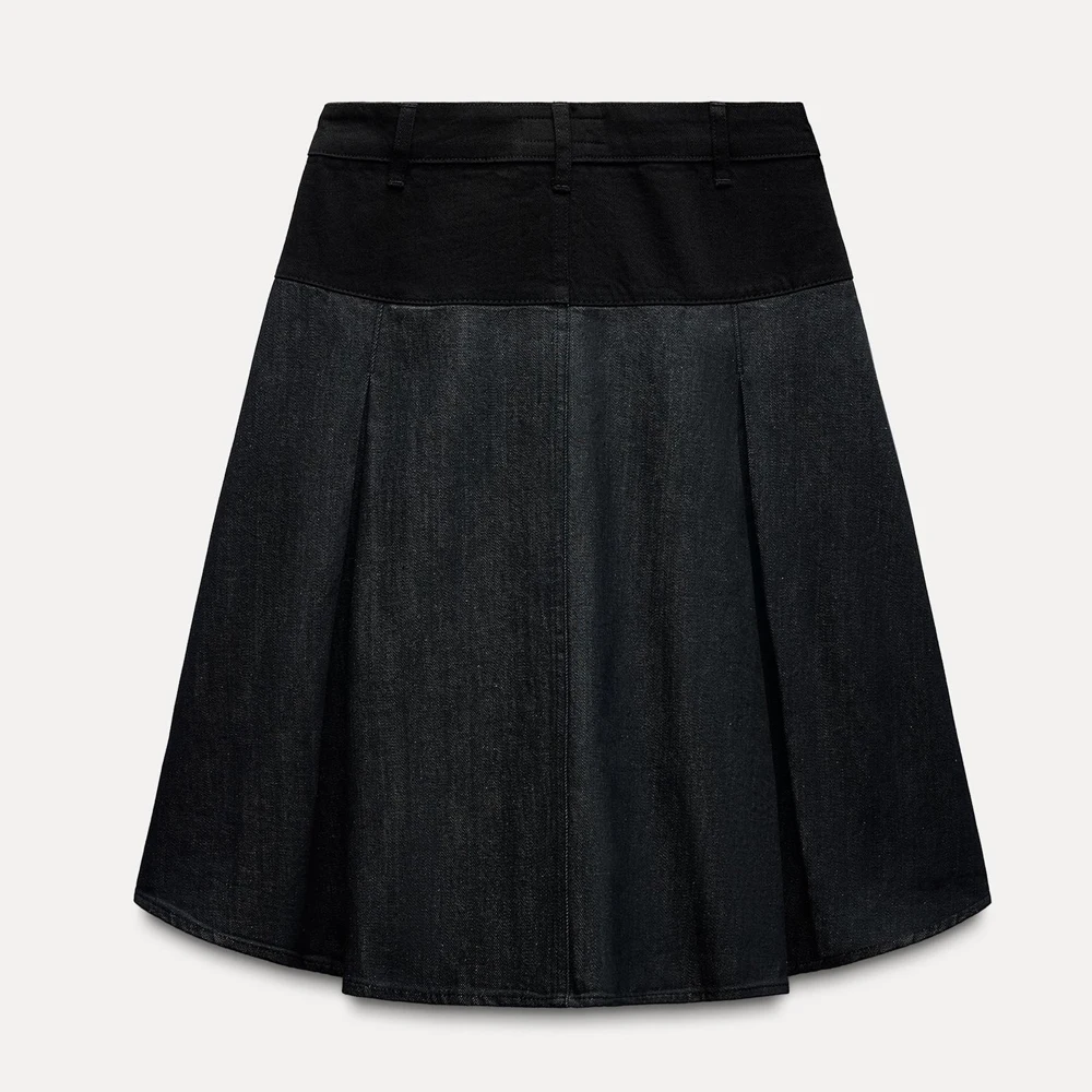 Wholesale Price Pleated Detail With Combination Fabric Women Denim Skirts / Factory Rate Mid Rise Midi Denim Skirts For Women