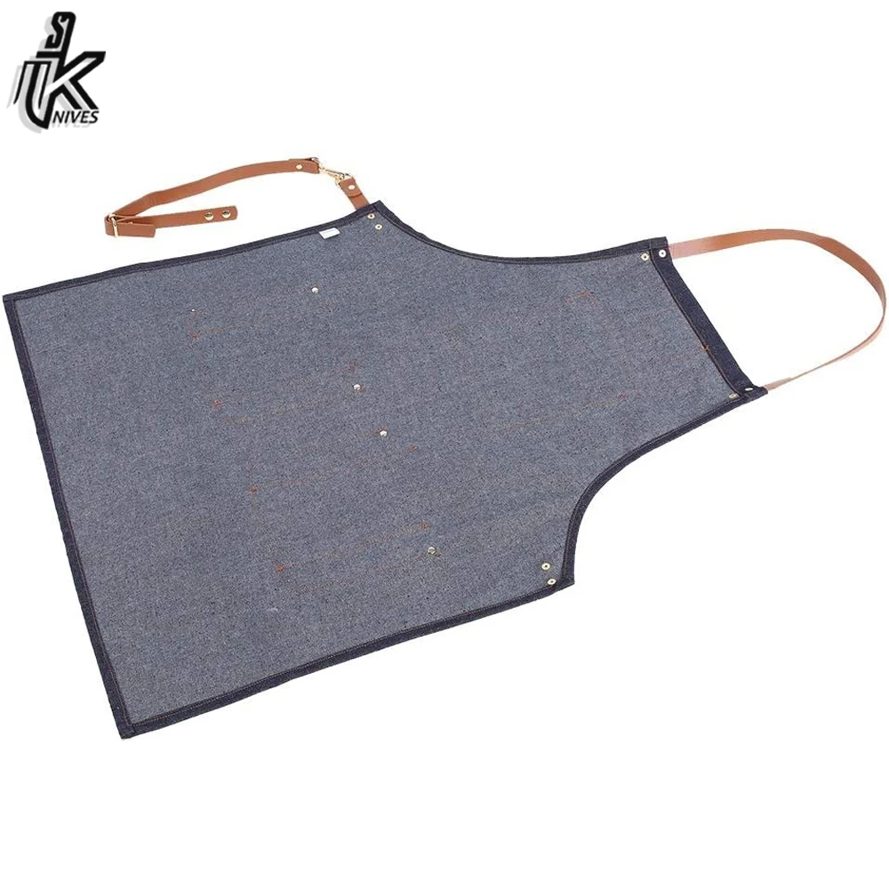 2022 New Denim Bib Apron for Women Men with Leather Strap Work Cook Uniform Apron