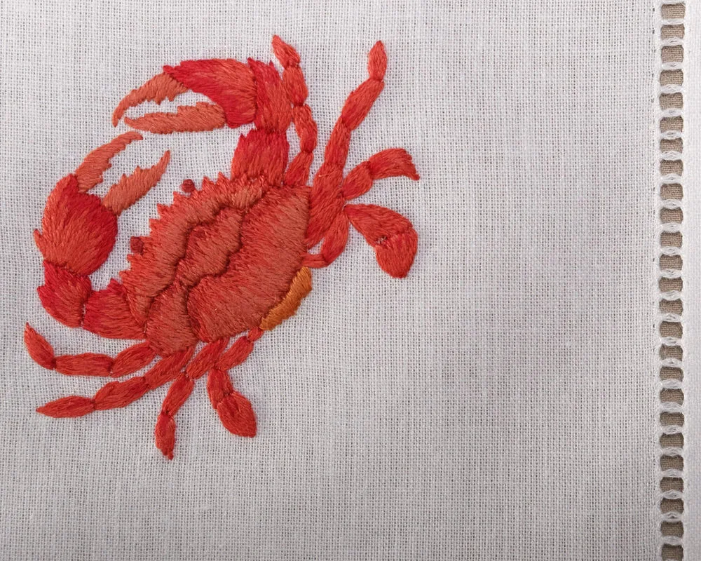 Embroidery Crab and Lobster Dinner Napkin Classic Style Hemstitch Washable Cotton Napkin for Dinner Table Wholesale Custom