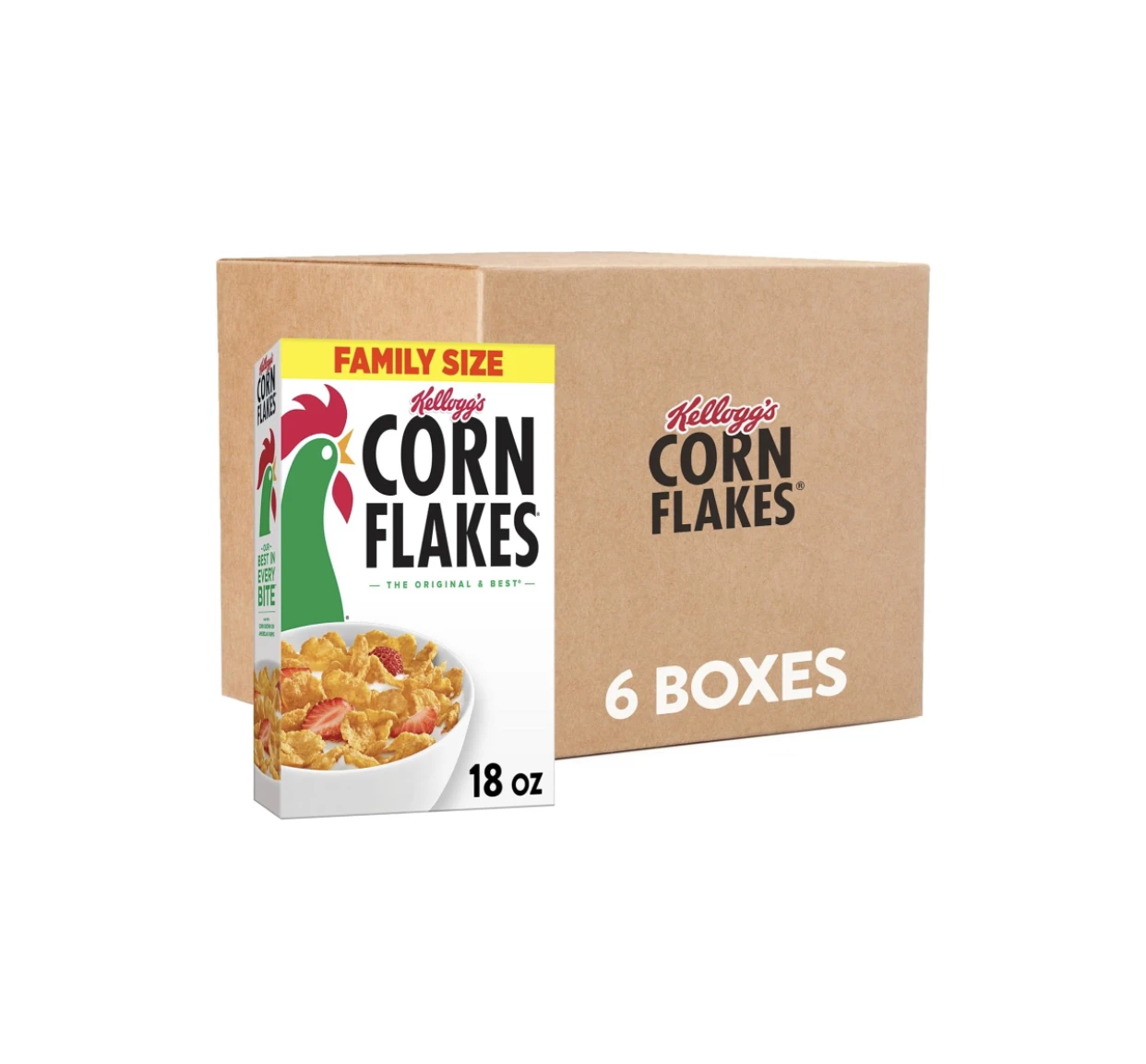 Crispy Kelloggs Corn Flakes Cold Breakfast Cereal, 8 Vitamins and Minerals, Healthy Snacks, Family Size, Original (6 Boxes)