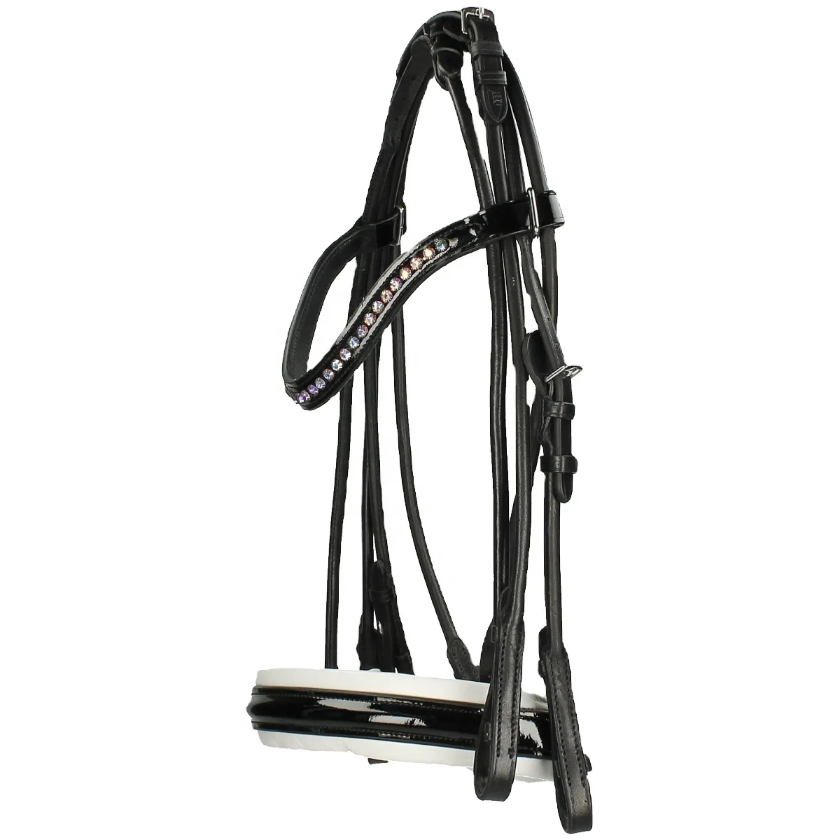 Lightweight Weymouth Patent Leather Rolled Equestrian Horse Bridle With Curved Brow Band With Bling Rainbow Crystals