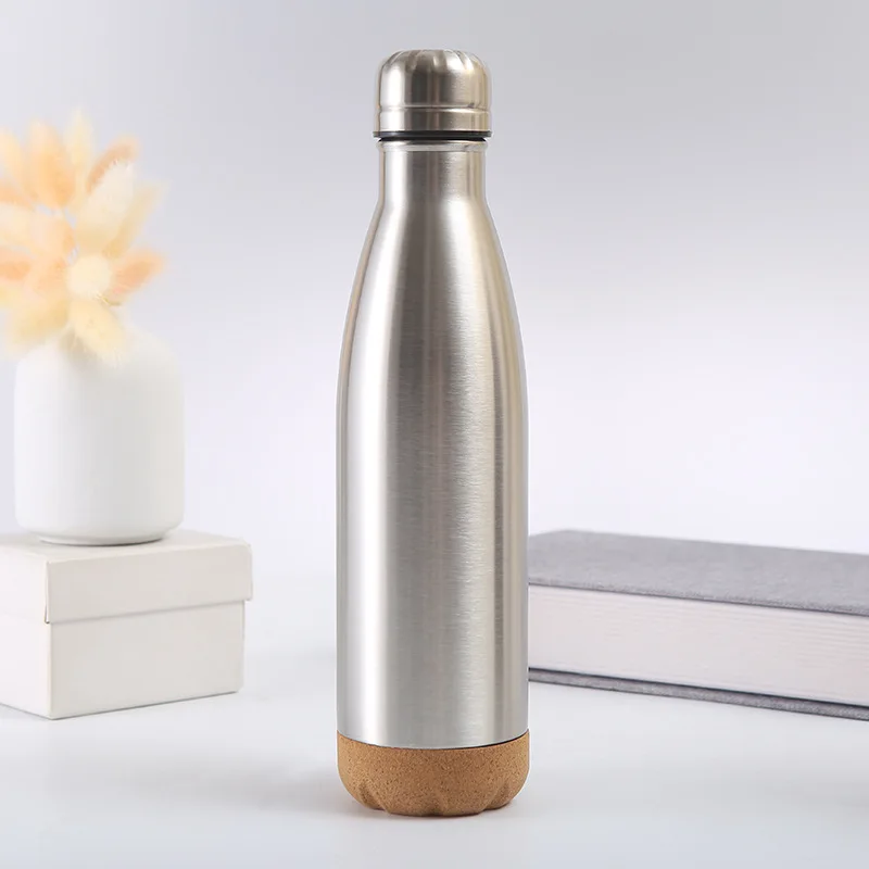 500ml Cork Water Bottle Silent Anti-slip Cola Shaped Vacuum 12oz 16oz Stainless Steel with Cork Bottom Base Wood Coffee Tumbler