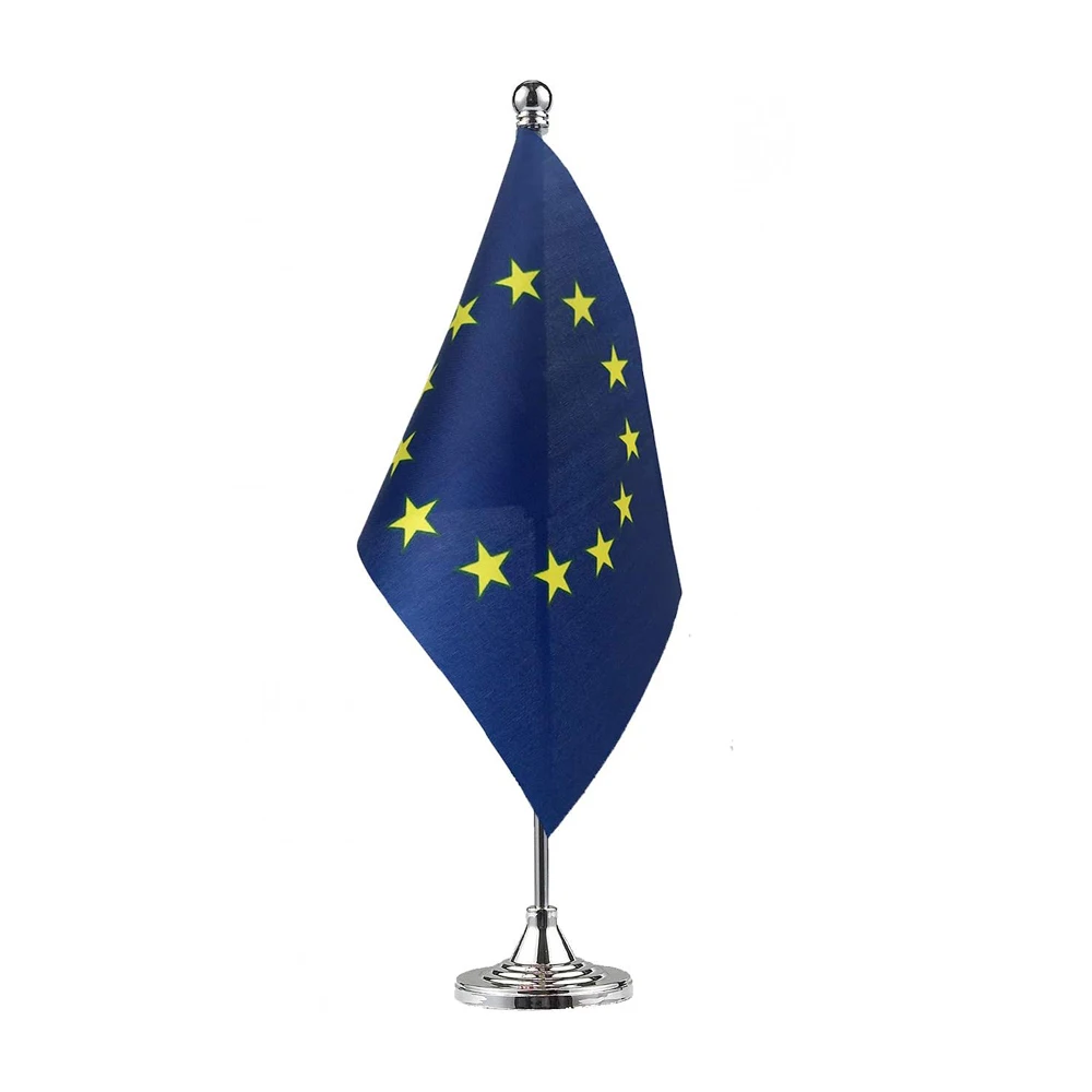 Factory Direct European Luxury Table Flag Imported Silk Double Side Print Flag Stainless Steel Pole Stand Mini Desk Europe Flag