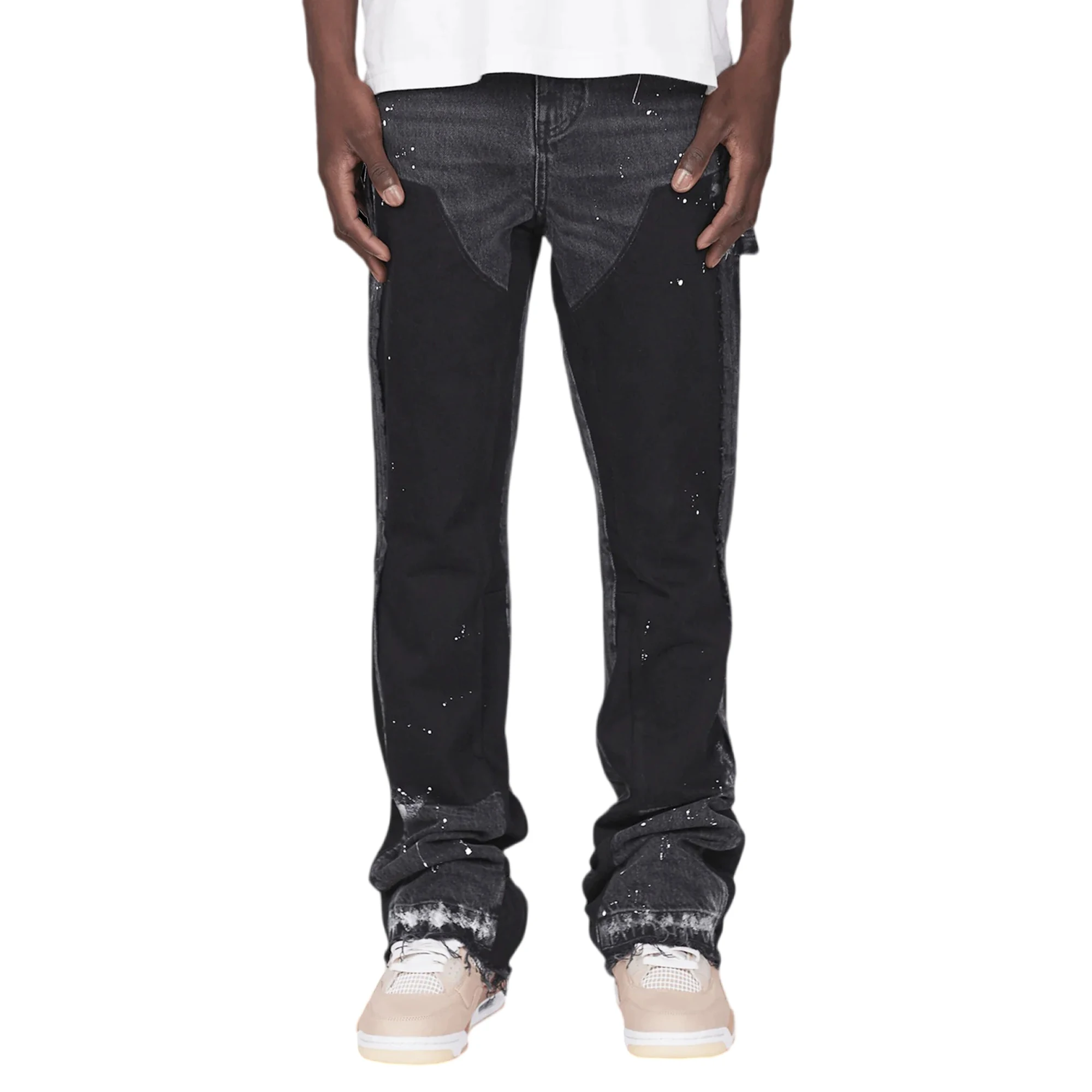 Fashion Custom Black Splattered Slim Fit Washed Pants Skinny Stacked Denim Flare Jeans Men