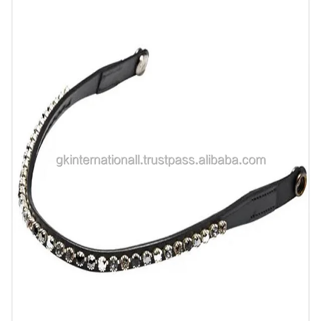 HIGH QUALITY EQUESTRIAN GENUINE LEATHER HORSE BROW BAND  WITH BLACK TRANSPARENT CRYSTAL CHAIN