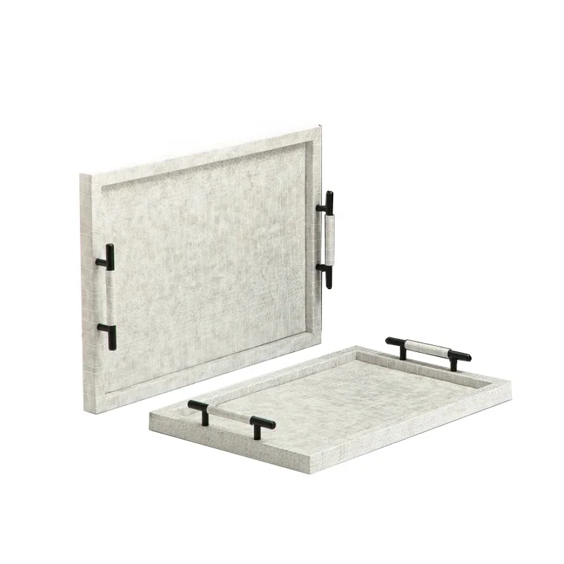New Arrival Looking Serving Tray Antique Finishing Unique Style Set Of Two Lather Serving Tray with Metal Handle