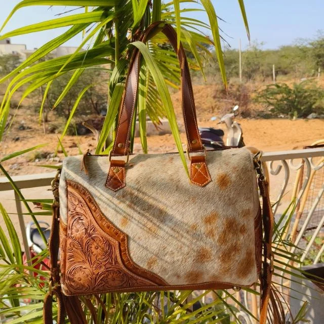 LW Hand Tooled Floral Print Cowhide Fur Leather Tote Bags Western Stylish Evening Bag And Tooled Clutch Unique Combo