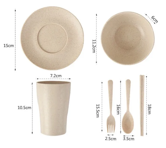 Eco Friendly Reusable Kitchen Knife Fork Spoon Plate Cup And Bowl Tableware Set Camping Wheat Straw Dinnerware Set