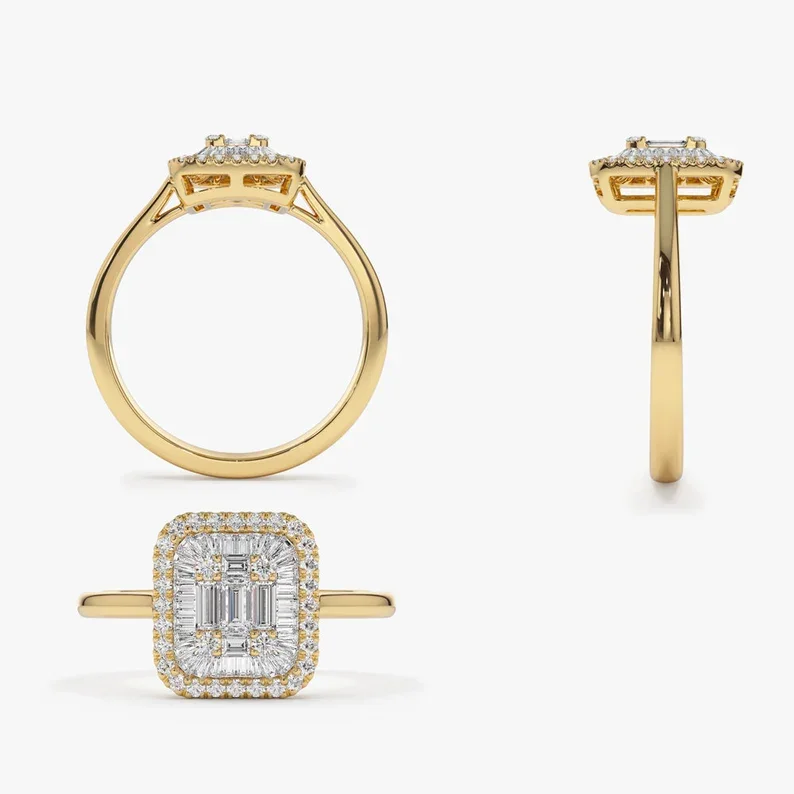 High Quality Baguette Diamond Ring 14k 18k Solid Gold Illusion Setting Unique Vintage wedding Engagement natural diamond Ring