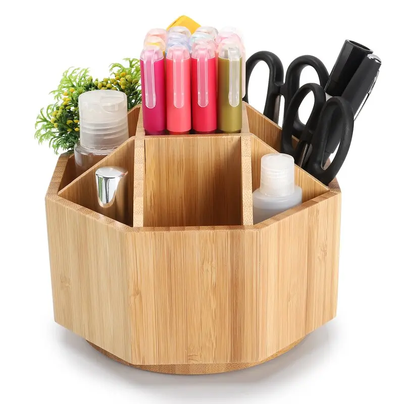 Bamboo Pen Holder Desk Organizer Pencil Holder Storage with 4 Compartments & 5 Holes for Calculator Mobile Phone Pen Remote
