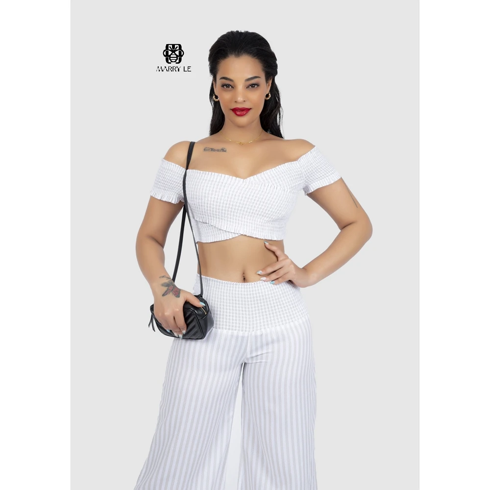 OFF SHOULDER KAKI STRIPE SHIRRED 2-PIECE SET - MD256 Pretty women 2 pieces set high quality for sale