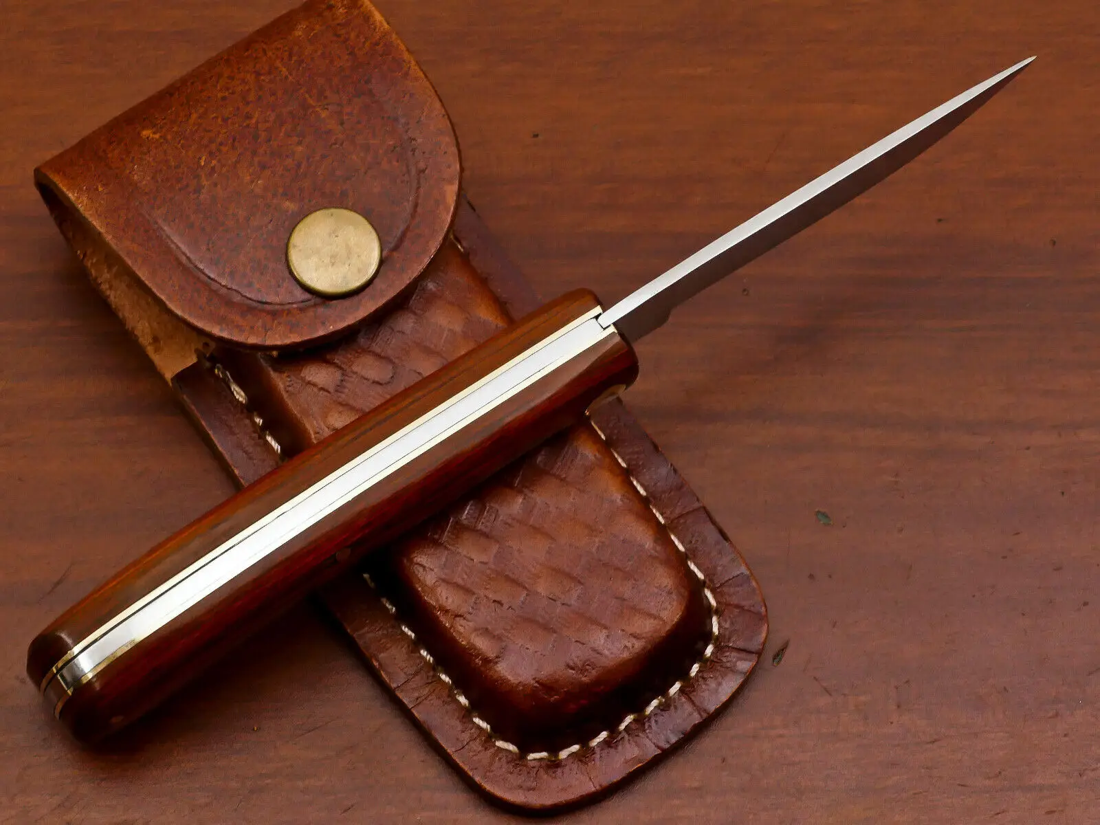 Custom Handmade Damascus Steel Pocket  Folding knives With Wood Handle And leather Sheath