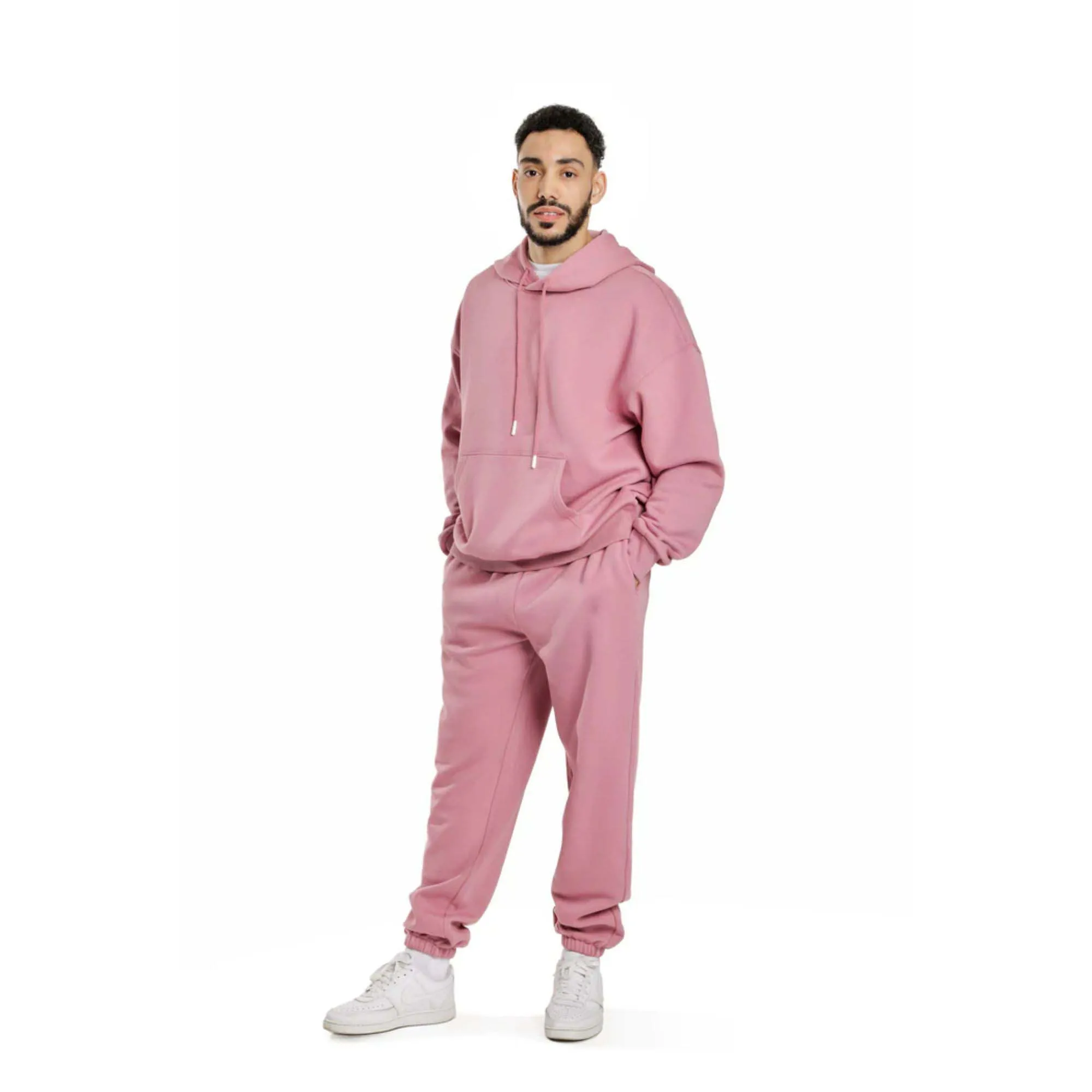 60% Cotton 40% Polyester Mens Premium Fleece Relaxed Sweatsuit Set in Orchid Pink with Pockets and Soft Brushed Inside