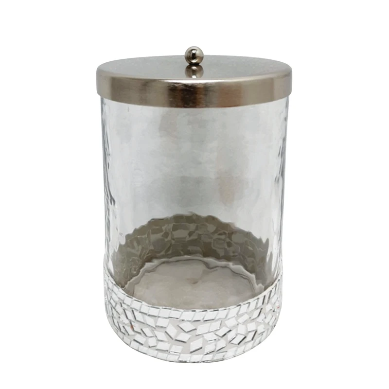 Kitchen & Tabletop Glass & Iron Round Box With LID Matt Nickel Plating With Silver Mosaic Large Size Storage Jars And Canisters