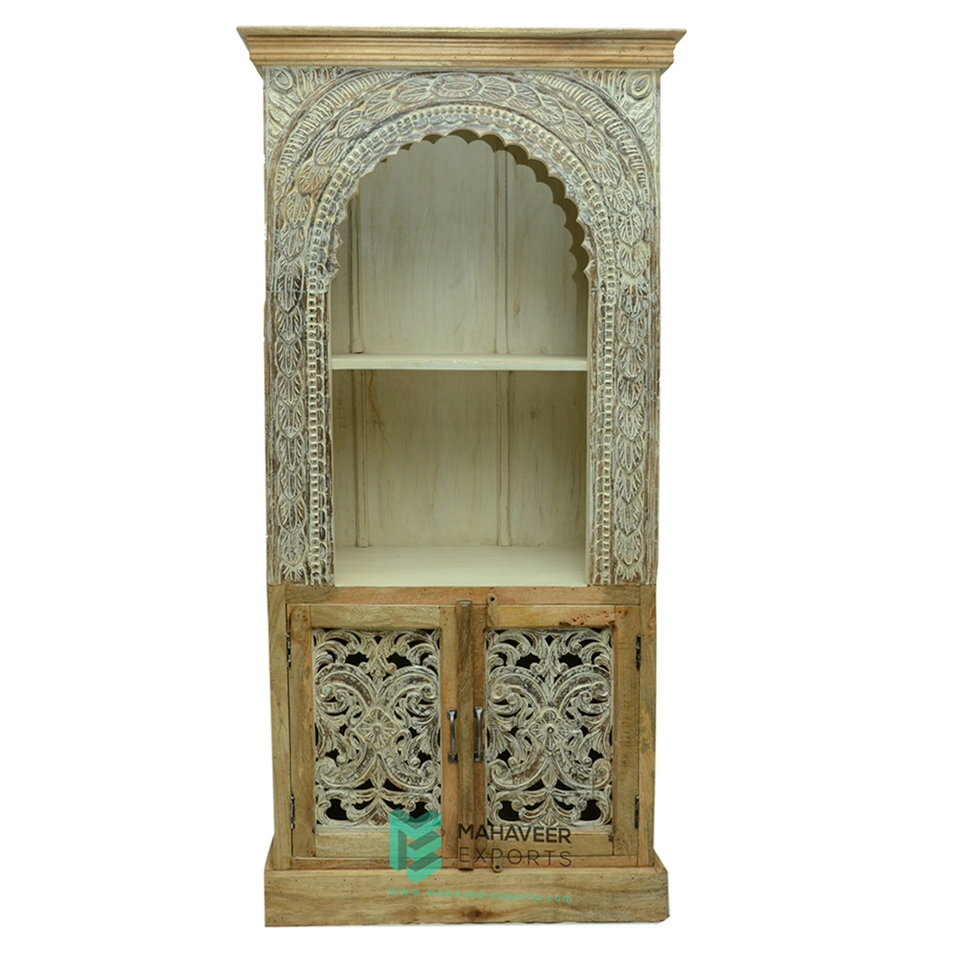 Dark Brown Finish Wooden Two Door Half Open Bookshelf Hand Carved Antique Design Furniture For Living Room / Bedroom