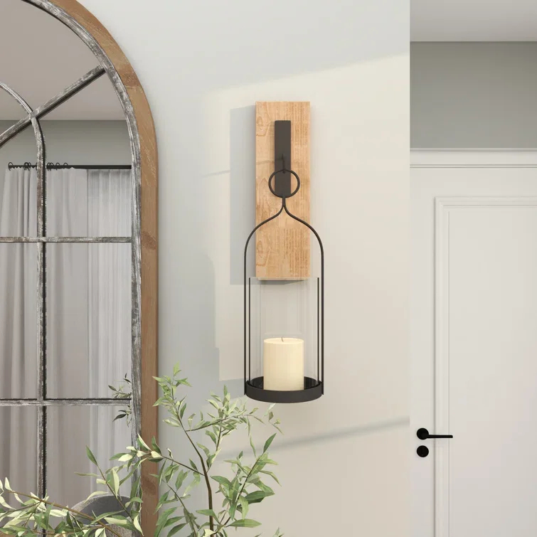 Black Wood Wall Sconce for Home & Hotel Decor with Metal and Glass Holder for Wedding