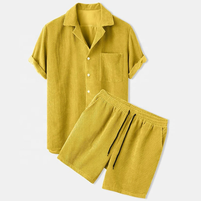2024 New High Quality Lounge Wear Set Men Two Piece Short Sleeves Buttons Up Corduroy Shirt and Short Sets Man wholesale rate