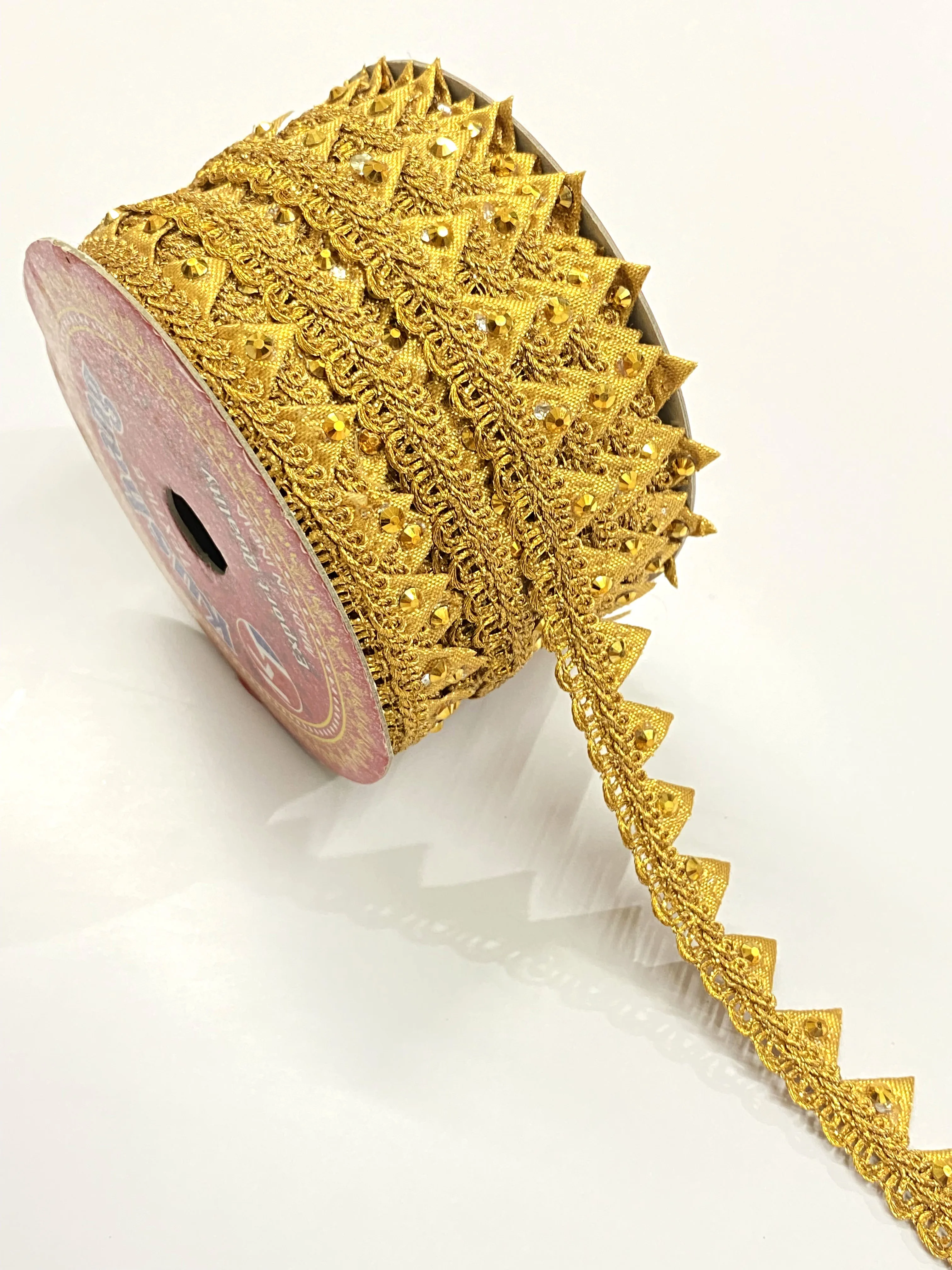 Ethnic Indian Stone Golden Fabric Lace Trim Border Craft Sewing Accessory Clothing Fabric Ribbon Fringes Braided