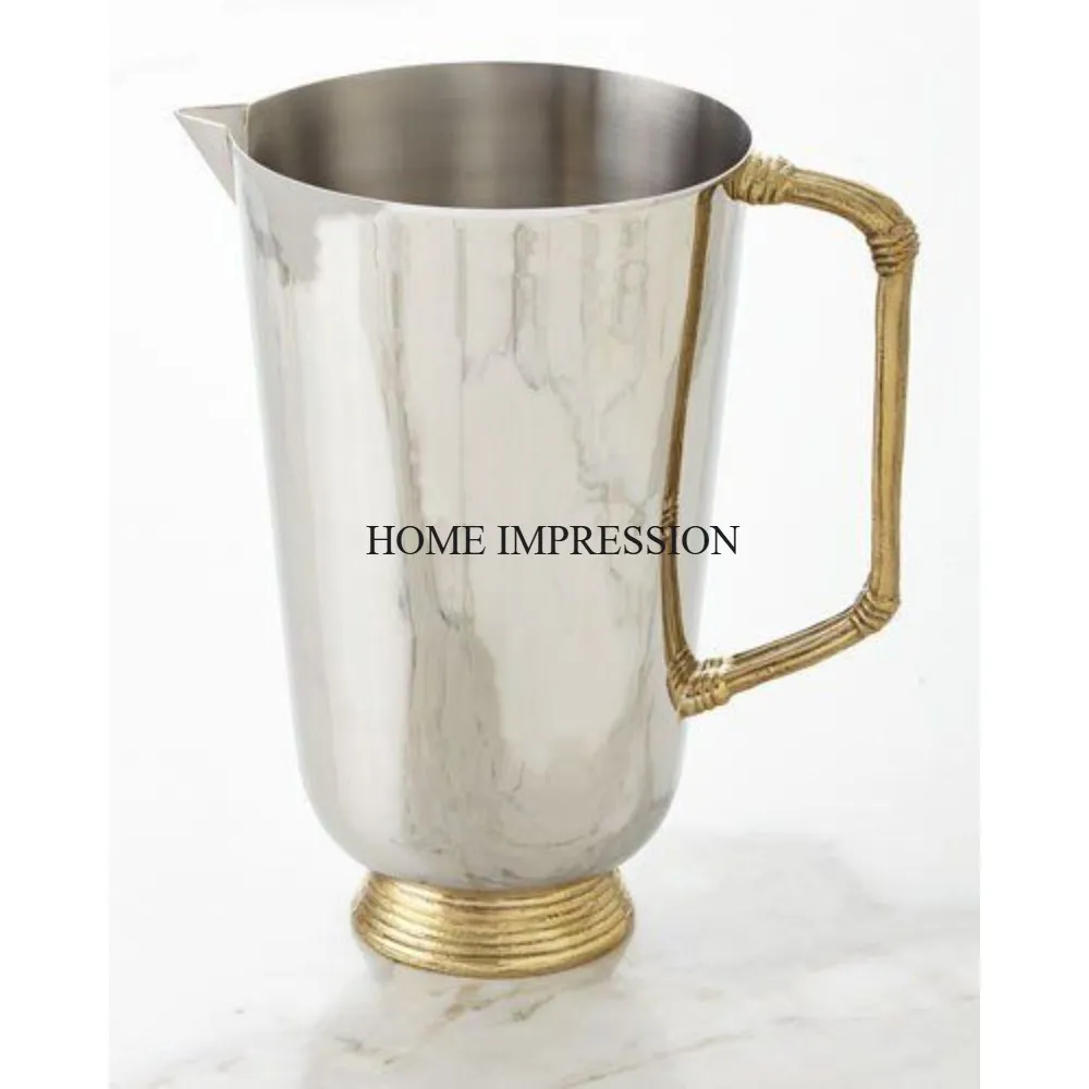 Antique Designer Finest Quality Metal Made Silver Color Jar With Gold Plated Handle Wine Pitcher From India In Impressive Price