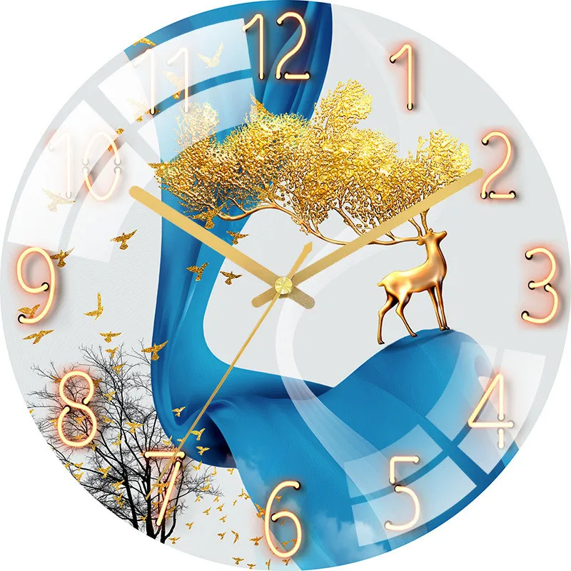 Gold Elk Clocks Wall Clock Living Room NordicHousehold Fashion Glass Punch-free Light Luxury Silent Watch Simple Mute Quartz