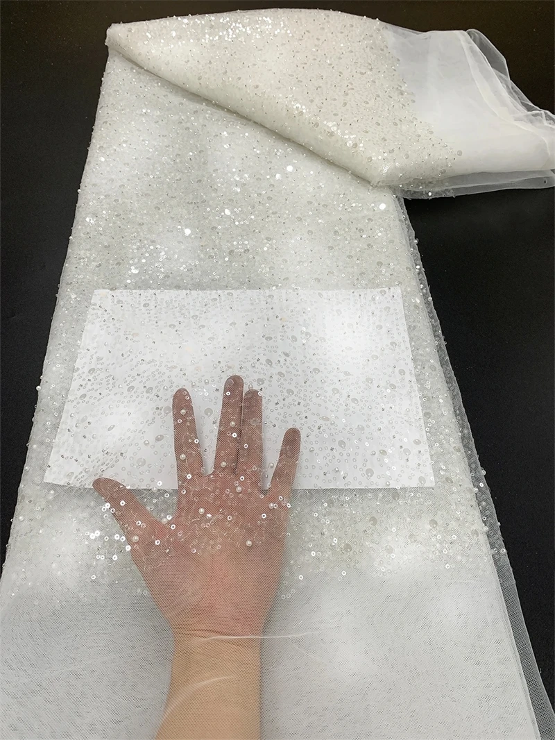 3490 White Soft Wedding Lace African Beaded Lace Fabric Tulle Mesh Sequins Laces For Bridal Wedding Dress