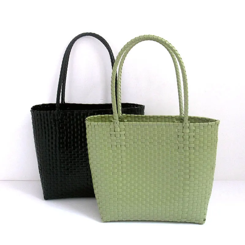 Plastic Knit Braid Small Tote Bag Handy Shopping Handbag Solid Color Bucket