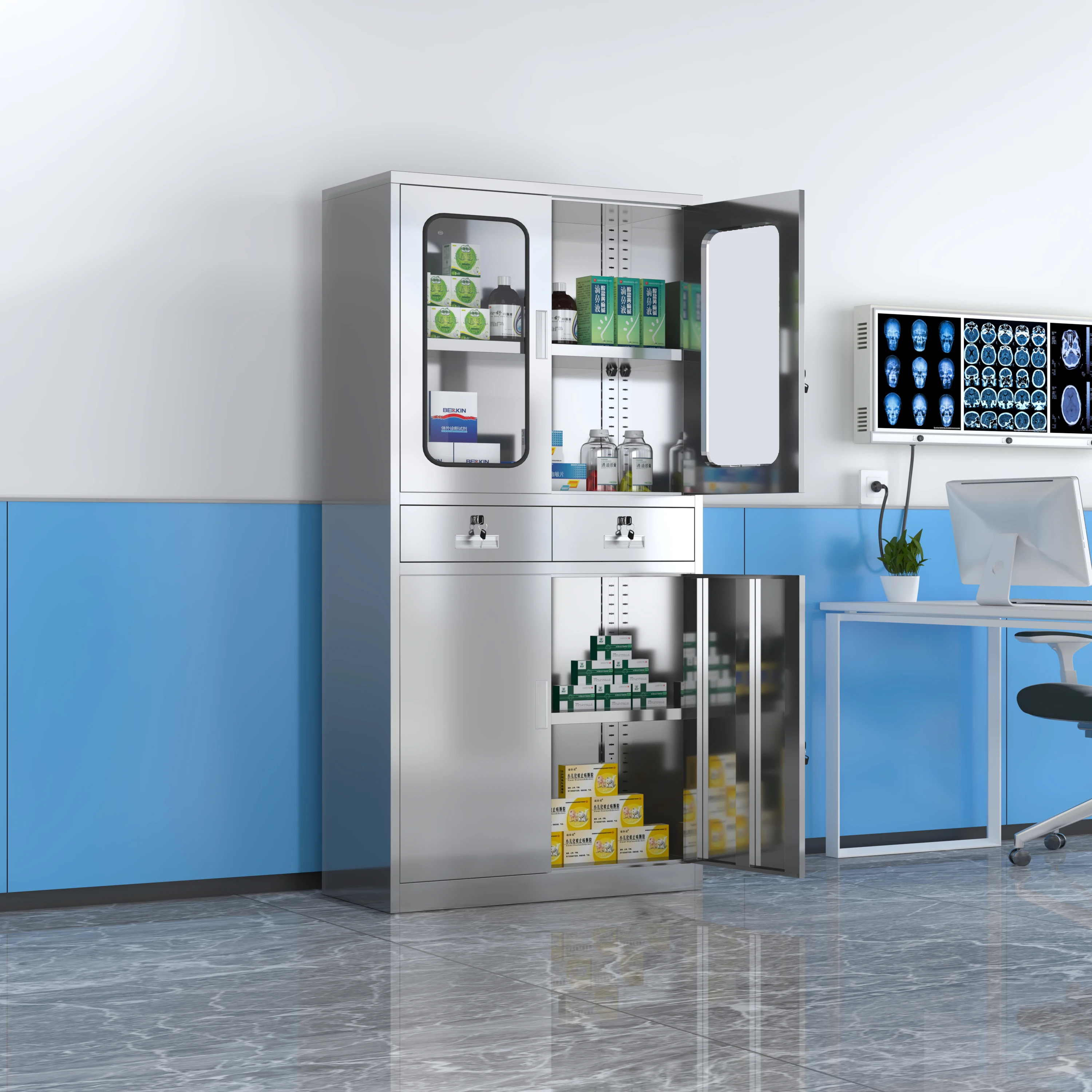 Metal high quality double glass door with two drawers hospital storage stainless steel medical cabinet  laboratory furniture