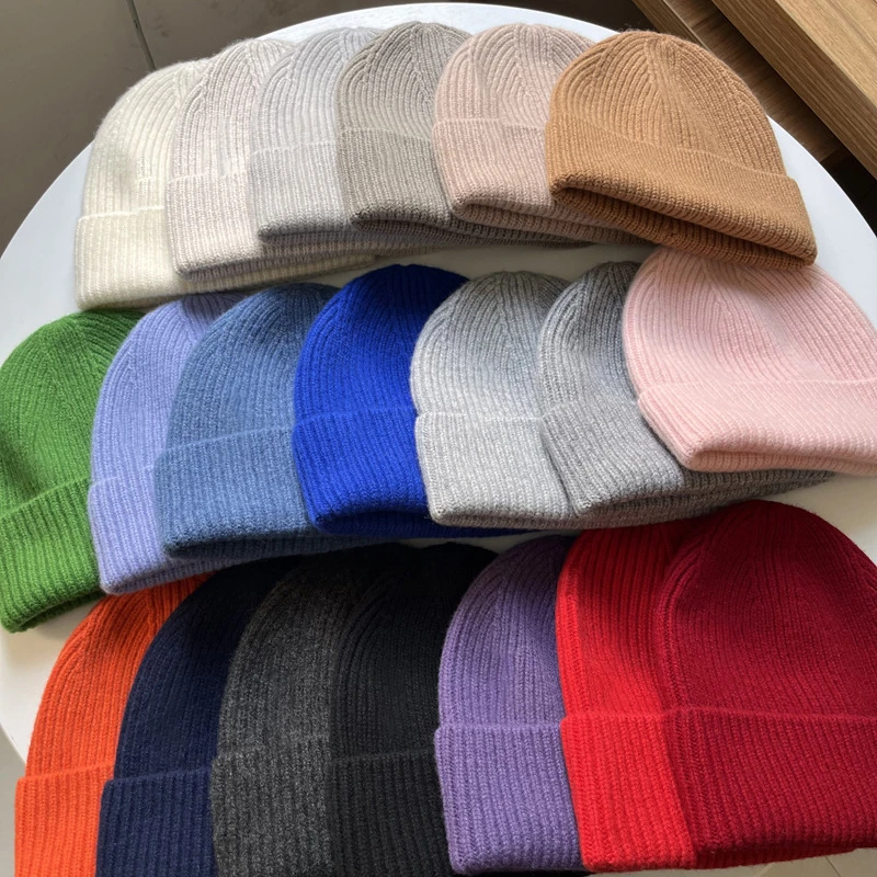 Custom Logo Wholesale Luxury Winter Warm Solid Color Ribbed 100 Merino Wool Knit Skull Beanie Cuff Hats