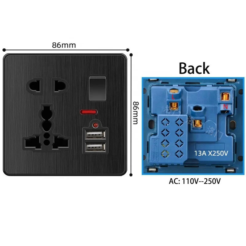 Fashion Brushed Black Light Wall Switch UK Africa Electrical Switches Socket 1Gang 2Way Dimmer Curtain Switch USB Socket