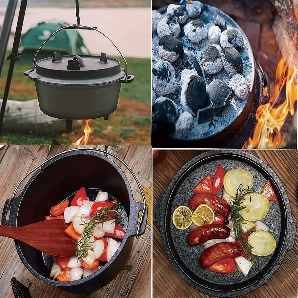 4QT with Legs Pre Seasoned Cast Iron Lid Also a Skillet Casserole Pot with Lid Lifter for Camping Cooking BBQ Baking